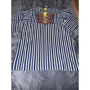 Roller Rabbit XL Blue White Striped Embroidered Cotton Tunic Dress NWT